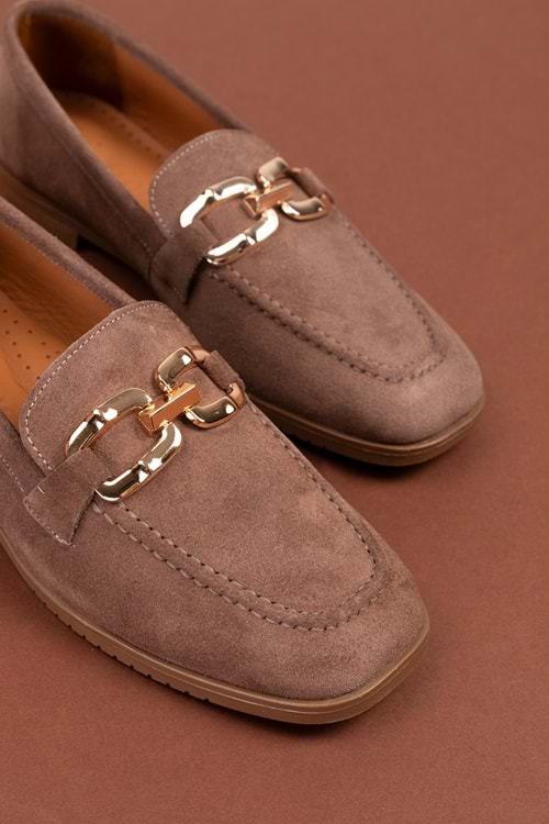 Gondol Hakiki Deri Kadın Köşeli Burun Loafer esl.b06 - Vizon Süet - 36