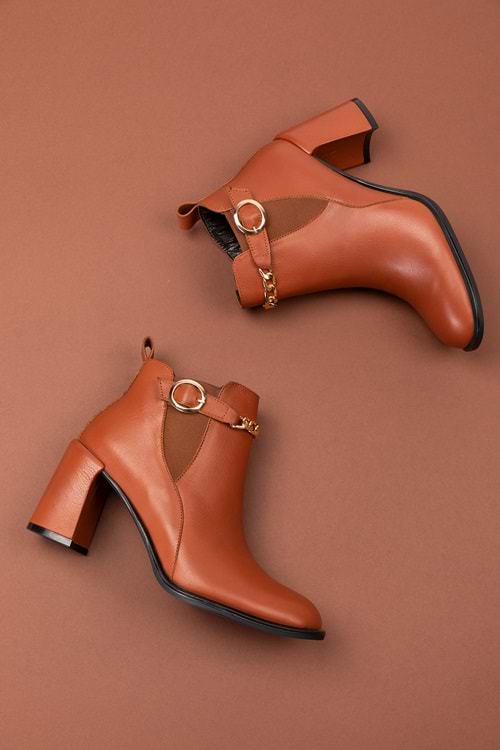 Gondol Kadın Hakiki Deri Zincirli Şık Kalın Topuk Bot Ast.176 - Taba - 40