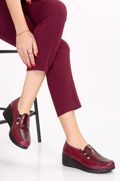 Gondol Hakiki Deri Dolgu Taban Rahat Günlük Ayakkabı esfa.4002 - Bordo Croco - 41