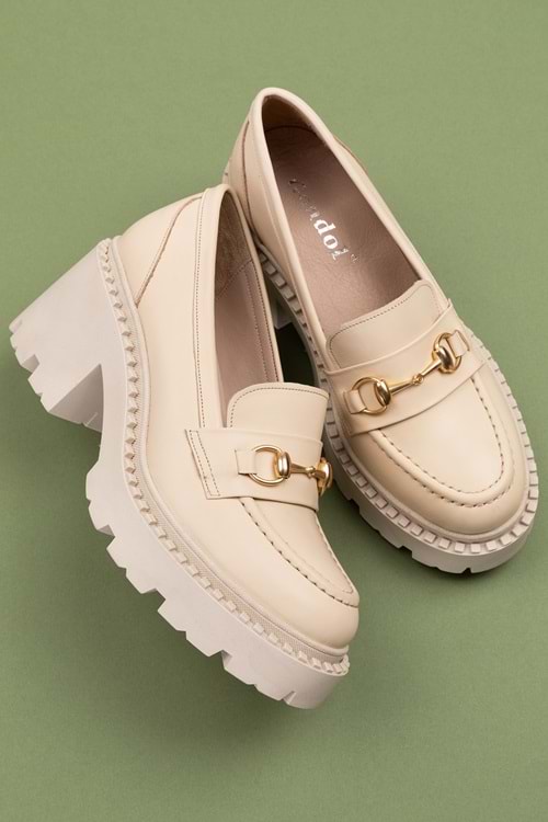 Gondol Hakiki Deri Kalın Taban Platform Topuklu Ayakkabı vtg.23803 - Bej - 40