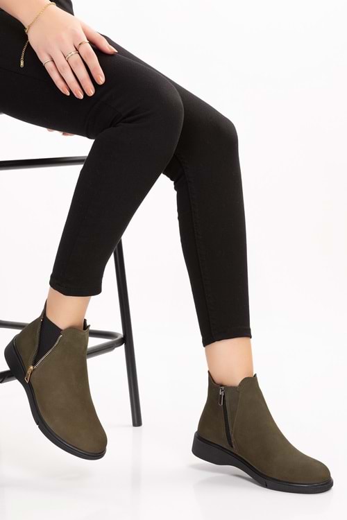 Gondol Hakiki Deri Nubuk Fermuarlı Günlük Bot esfa.3539 - Haki - 36