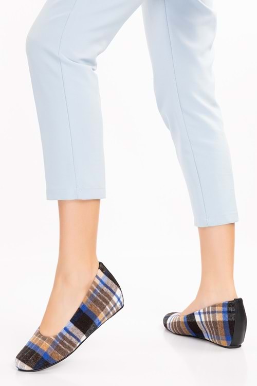 Gondol İçi Deri Ekose Desenli Ev Ayakkabısı mik.590 - Mavi - 40