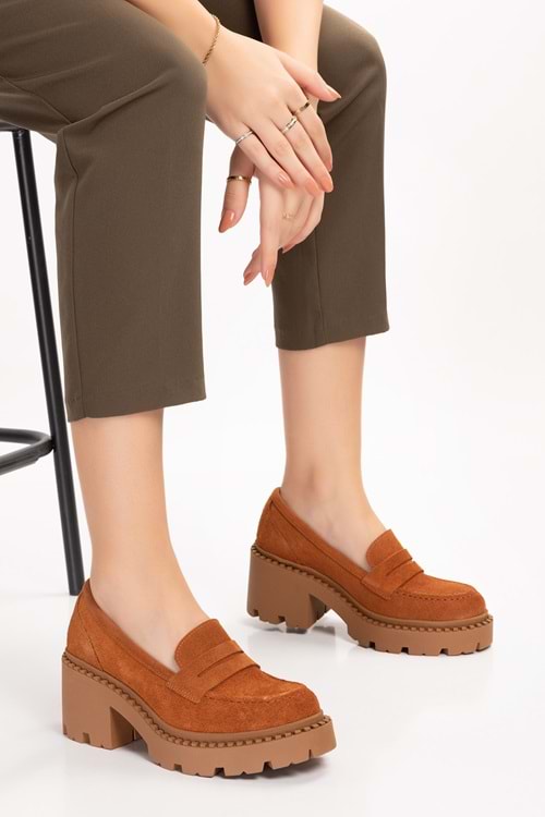 Gondol Hakiki Deri Kalın Taban Platform Topuklu Ayakkabı vtg.23802 - Taba Süet - 40