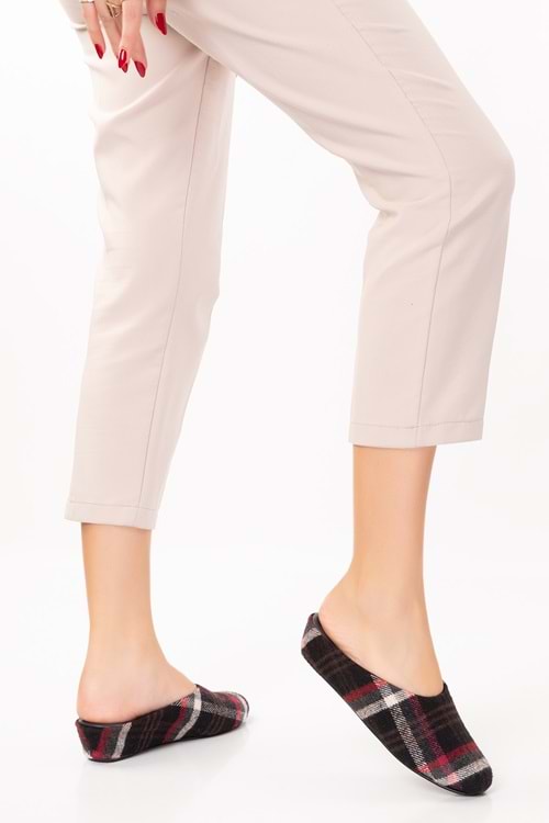 Gondol İçi Deri Ekose Desenli Ev Terliği mik.580 - kırmızı - 41