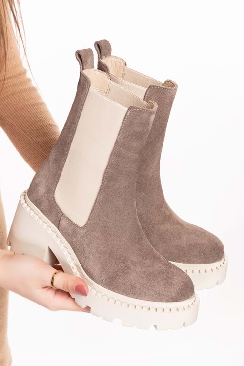 Gondol Hakiki Deri Kalın Taban Platform Topuklu Bot vtg.23801 - Vizon Süet - 41