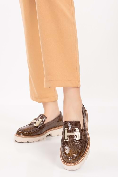 Gondol Hakiki Deri Kalın Taban Hafif Oxford Ayakkabı yt.100 - Kahve Croco - 40