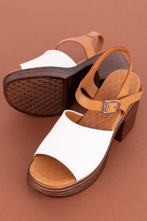 Gondol Kadın Hakiki Deri Platform Topuklu Sandalet msa.34 - Beyaz - 36