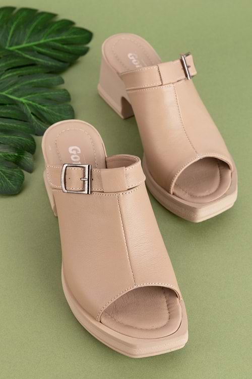 Gondol Kadın Hakiki Deri Şık Topuklu Terlik ez.5003 - Vizon - 36