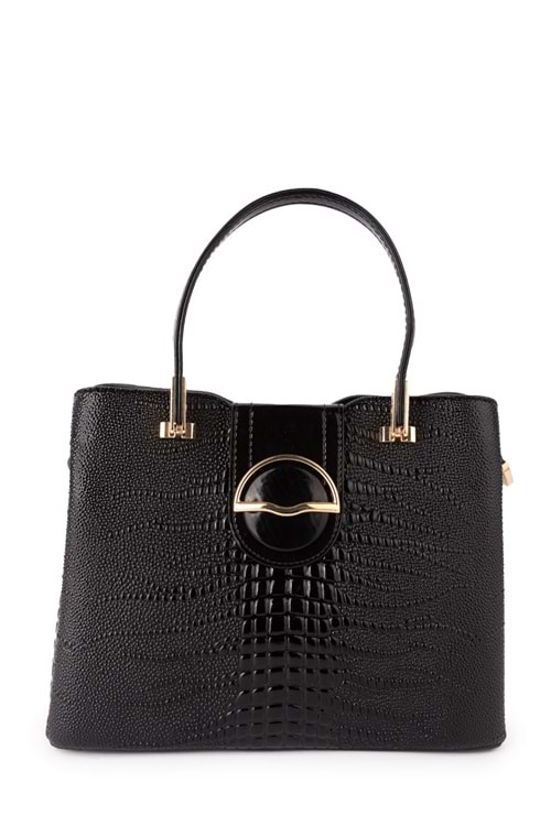 Gondol Kadın Şık Günlük El ve Omuz Çantası gp.1437 - Siyah İnce Croco