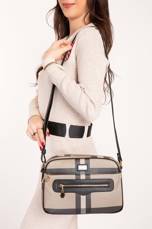 Silver Polo Kadın Çift Bölmeli Ekose Desen Çapraz Çanta sp.491 - Vizon Ekose