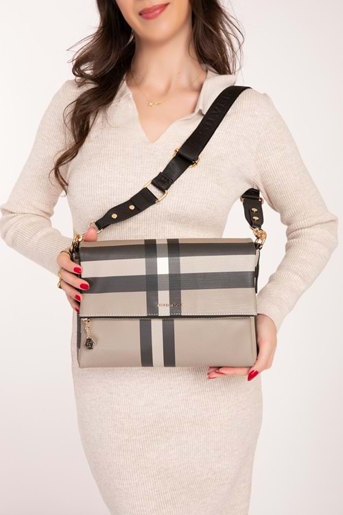 Gondol Kadın Günlük Şık Omuz Çantası sp.963 - Bej Ekose - TEK EBAT