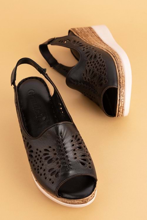 Gondol Hakiki Deri Dolgu Topuklı Yumuşak Taban Rahat Sandalet irm.77 - Siyah - 40