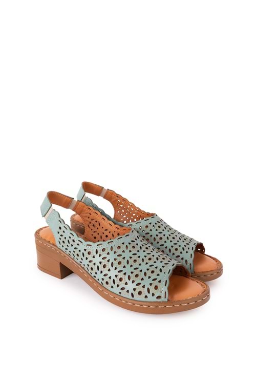 Gondol Hakiki Deri Kısa Topuklu Lazer Kesim Sandalet iz.9504 - Tropikal - 36