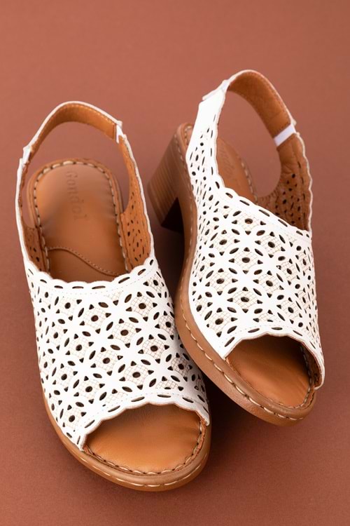 Gondol Hakiki Deri Kısa Topuklu Lazer Kesim Sandalet iz.9504 - Beyaz - 40
