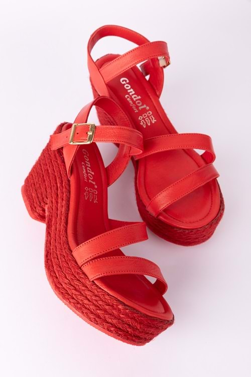 Gondol Kadın Hakiki Deri Dolgu Topuk Platform Sandalet ell.7027 - kırmızı - 37