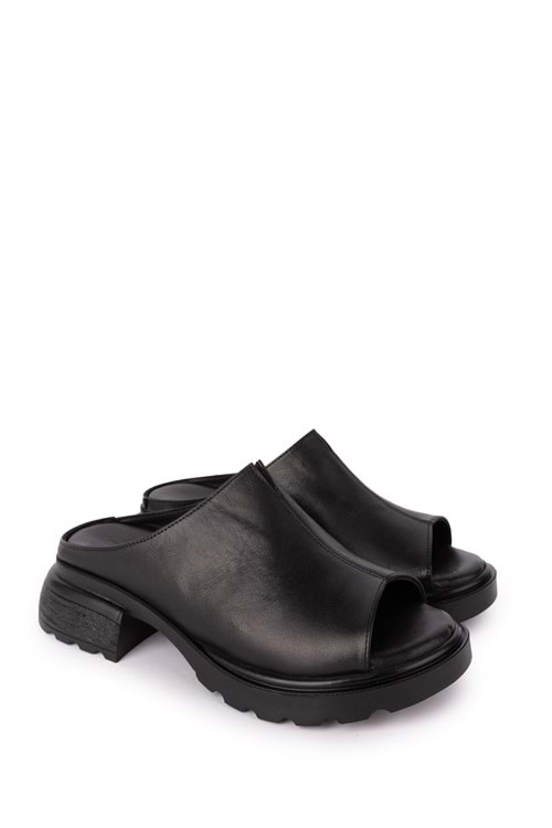 Gondol Kadın Hakiki Deri Şık Orta Topuklu Terlik elnr.1064 - Siyah - 38