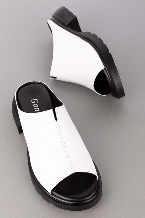 Gondol Kadın Hakiki Deri Şık Orta Topuklu Terlik elnr.1064 - Beyaz - 41