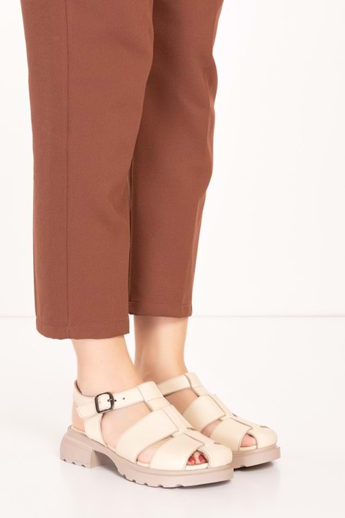 Gondol Hakiki Deri Kafesli Yumuşak Taban Rahat Sandalet elnr.494 - Kemik - 40