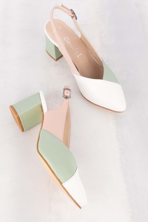 Gondol Hakiki Deri Renkli Kombin Şık Topuklu Ayakkabı şhn.815 - Beyaz Kombin - 36