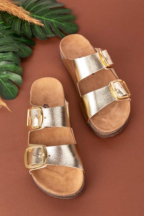 Gondol Kadın Hakiki Deri Çift Tokalı Günlük Şık Terlik usl.2339 - Gold - 37