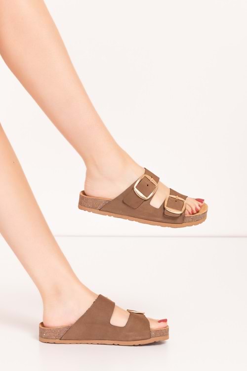 Gondol Kadın Hakiki Deri Çift Tokalı Günlük Şık Terlik usl.2339 - Kum - 42