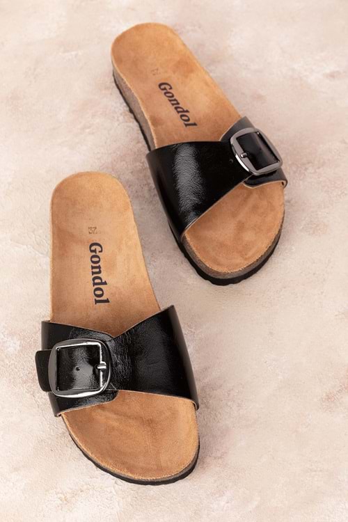 Gondol Kadın Hakiki Deri Tek Tokalı Günlük Rahat Terlik usl.2340 - siyah rugan - 37