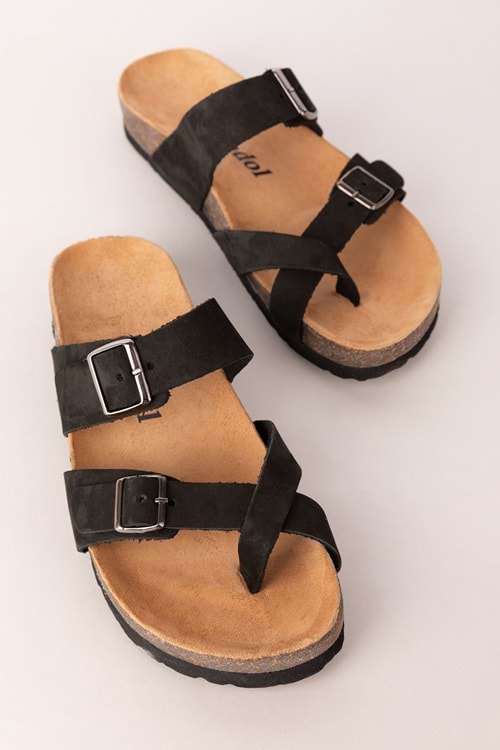 Gondol Kadın Hakiki Deri Günlük Parmak Arası Terlik usl.2442 - Siyah - 40