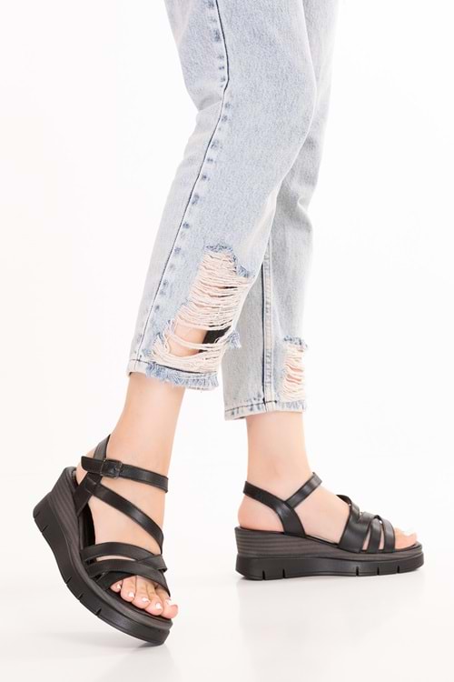 Gondol Kadın Hakiki Deri Platform Topuklu Rahat Günlük Sandalet tlh.1055 - Siyah - 40