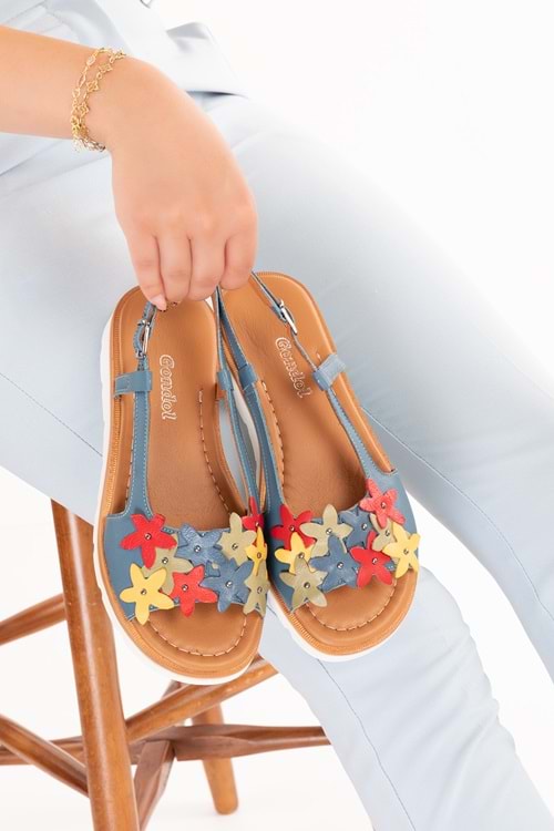 Gondol Kadın Hakiki Deri Çok Satan Çiçekli Sandalet mlk.4086 - Mavi - 39