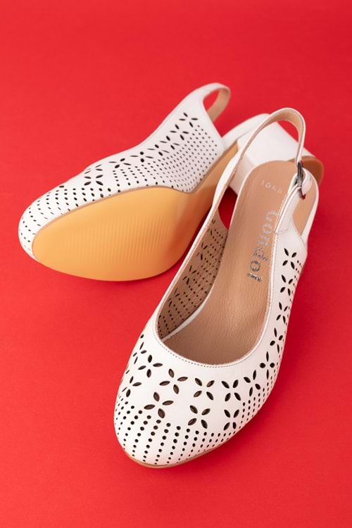 Gondol Hakiki Deri Lazer Kesim Şık Topuklu Ayakkabı şhn.1048 - Beyaz - 41