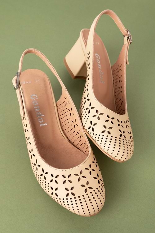 Gondol Hakiki Deri Lazer Kesim Şık Topuklu Ayakkabı şhn.1048 - Bej - 42