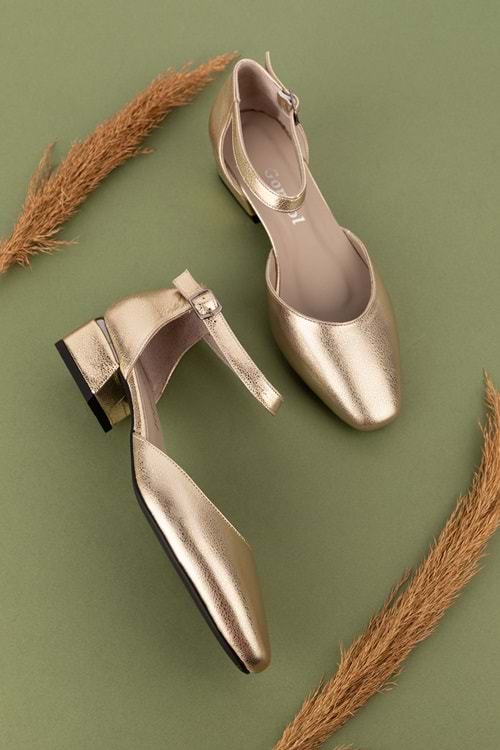 Gondol Hakiki Deri Kısa Topuklu Ayakkabı vdt.010 - Gold - 35