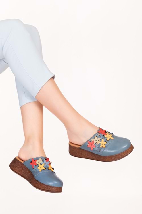 Gondol Hakiki Deri Çiçek Detaylı Sabo Terlik mlk.3232 - Mavi - 40