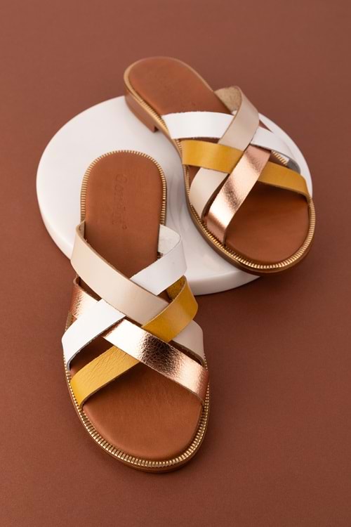 Gondol Kadın Hakiki Deri Renkli Kombin Vaketa Terlik ayh.734 - Bej Kombin - 41