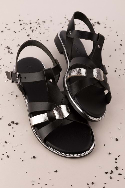 Gondol Kadın Hakiki Deri Renkli Kombin Vaketa Sandalet ayh.730 - Siyah Kombin - 37