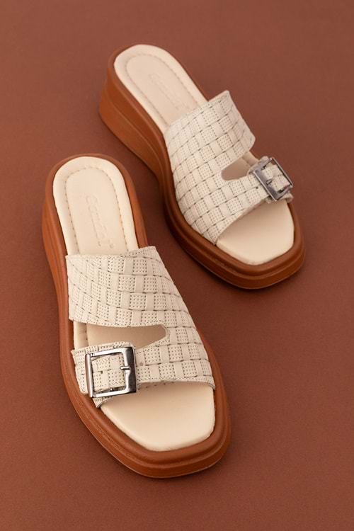 Gondol Kadın Hakiki Deri Dolgu Topuk Günlük Şık Terlik ayh.1120 - Bej - 37