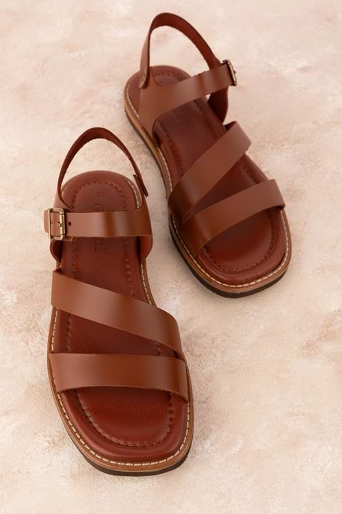 Gondol Kadın Hakiki Deri Renkli Kombin Vaketa Sandalet ayh.410 - Taba - 39