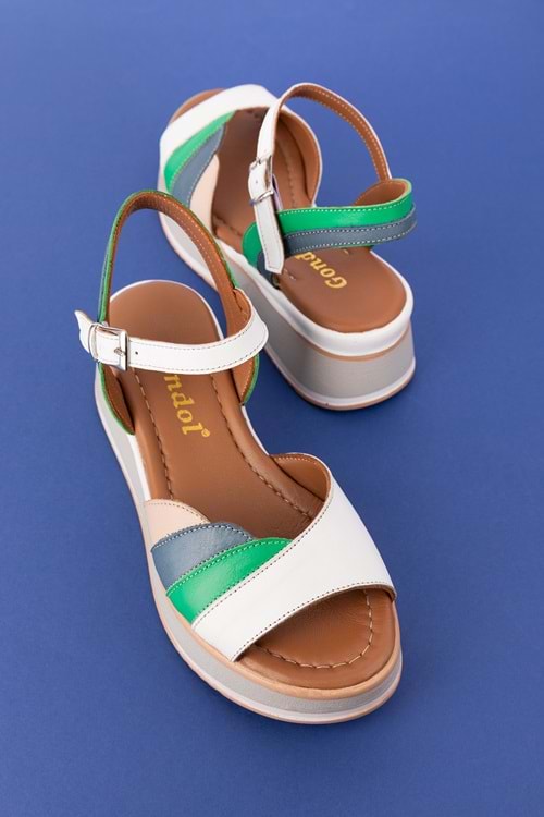 Gondol Kadın Hakiki Deri Platform Tabanlı Sandalet mlk.5355 - Beyaz Kombin - 40