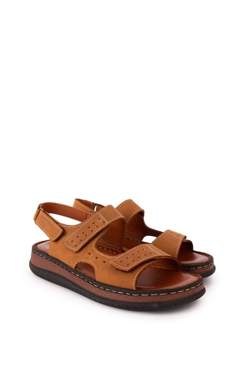 Gondol Unisex Hakiki Deri Cırtlı Ayarlanabilir Rahat Sandalet hkm.31 - Taba - 36