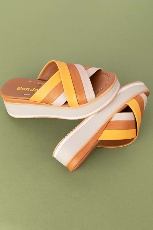 Gondol Kadın Hakiki Deri Platform Tabanlı Renkli Terlik mlk.5350 - Taba Kombin - 40