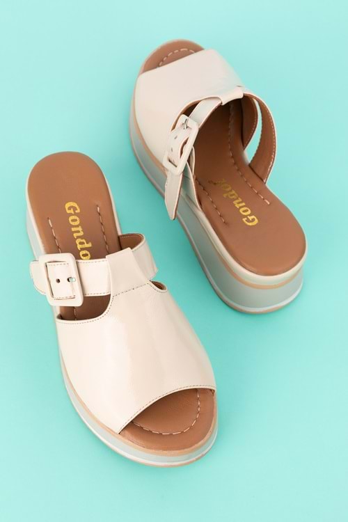 Gondol Kadın Hakiki Deri Platform Tabanlı Renkli Terlik mlk.5224 - Bej Rugan - 39