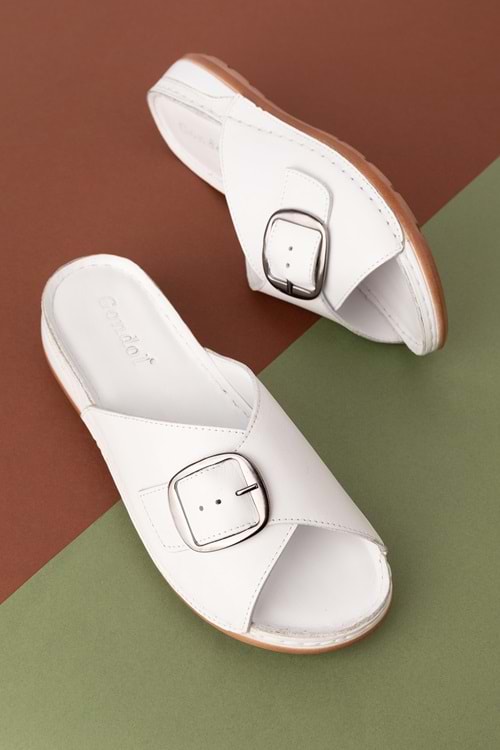 Gondol Kadın Hakiki Deri Anatomik Taban Terlik iz.4608 - Beyaz - 37