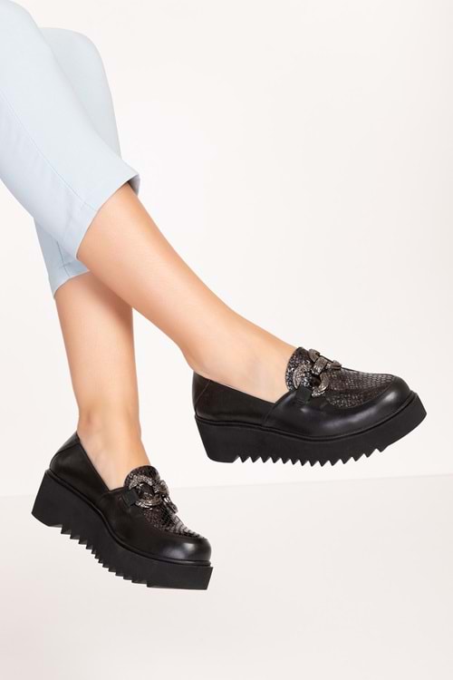 Gondol Hakiki Deri Dolgu Topuklu Tokalı Ayakkabı ast.8403 - Siyah Petek - 36