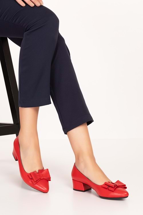 Gondol Hakiki Deri Kısa Topuklu Fiyonklu Ayakkabı şhn.1085 - kırmızı - 34