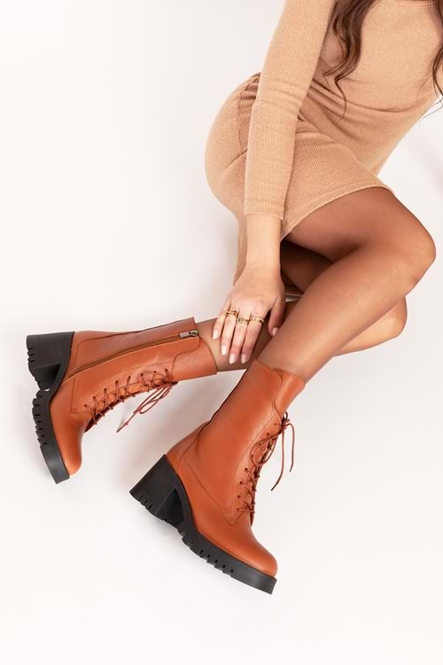 Gondol Hakiki Deri Kalın Topuklu Kauçuk Taban Şık Bot bel.1554 - Taba - 37