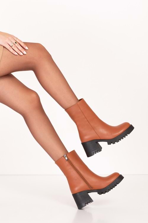 Gondol Hakiki Deri Kalın Topuklu Kauçuk Taban Sade Şık Bot bel.1546 - Taba - 36