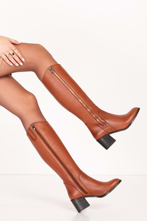 Gondol Hakiki Deri Klasik Topuklu Çizme bel.1667 - Taba - 36