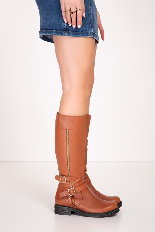 Gondol Hakiki Deri Günlük Şık Toka Detaylı Çizme bel.1505 - Taba - 36