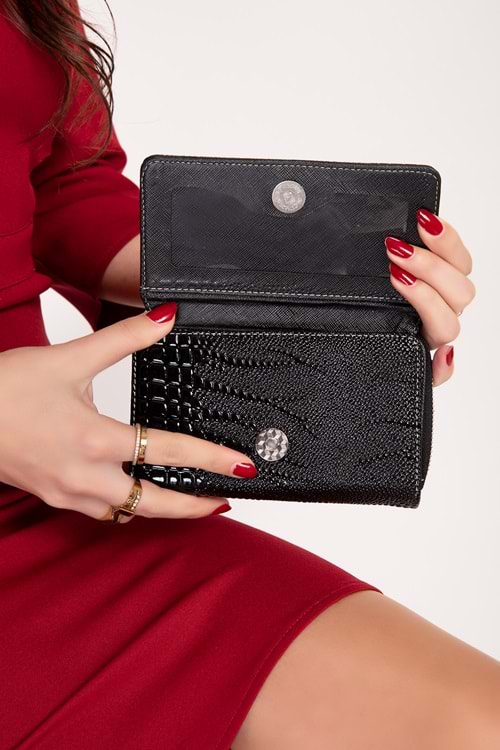 Gondol Çok Gözlü Kullanışlı Şık Cüzdan gp.1120 - Siyah İnce Croco - TEK EBAT