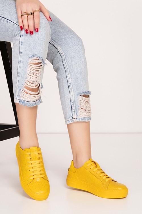 Gondol Hakiki Deri Anatomik Taban Spor Ayakkabı alsx.1352 - Sarı Croco - 35